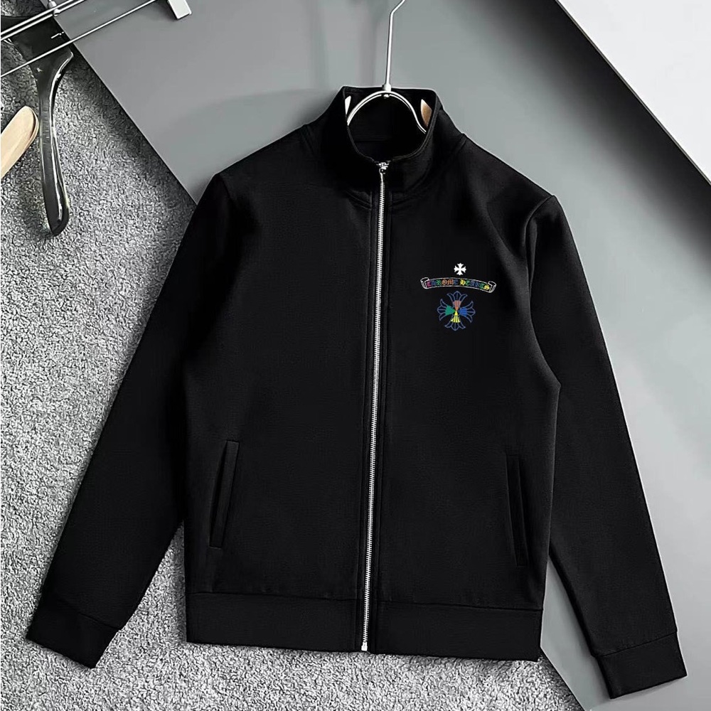 Black Zip-Up Jacket with Colorful Embroidery